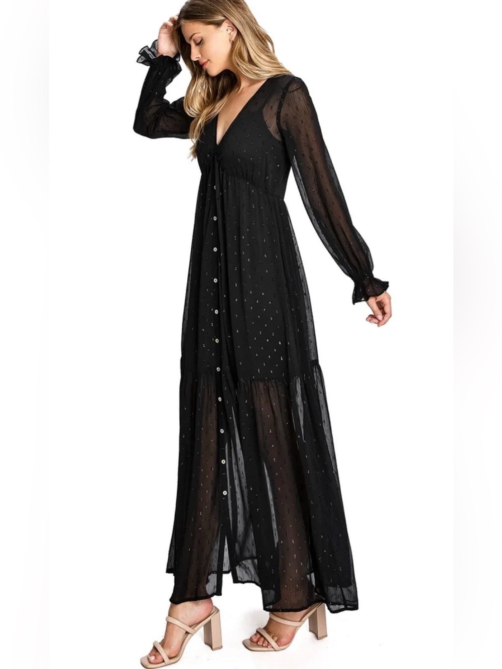 Lovestitch  NWT Black Sheer Chiffon Sparkle Embellished Ruffled Maxi S